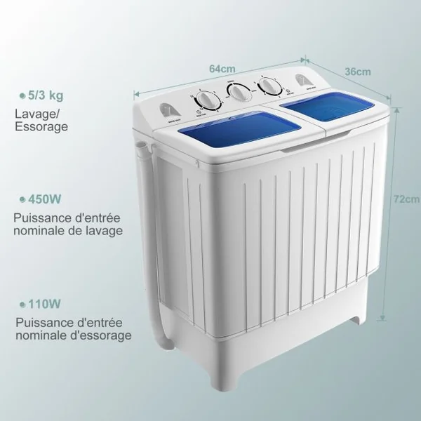 Machine à Laver à Double Cuve avec Lavage 5 KG Essorage 3 KG avec Tuyau de Vidange Cycle d'Essorage Contrôle du Temps Blanc