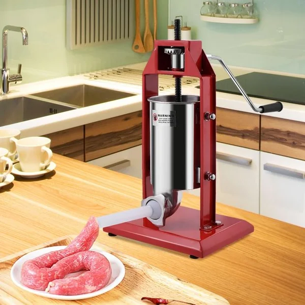 Machine à Saucisses Manuelle 3 Litres, avec 4 Tubes de Giamètre Gifférent, en Acier Inoxydable, 42x30x48,5cm, Rouge