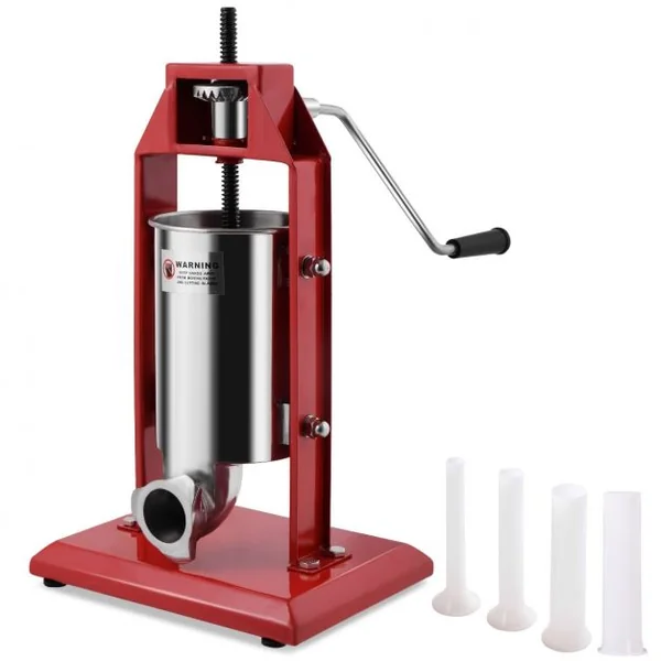 Machine à Saucisses Manuelle 3 Litres, avec 4 Tubes de Giamètre Gifférent, en Acier Inoxydable, 42x30x48,5cm, Rouge