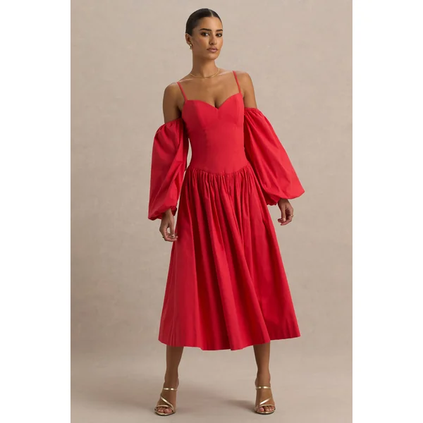 Macie | Robe Mi-Longue Rouge à Décolleté Coeur avec Manches Ballon
