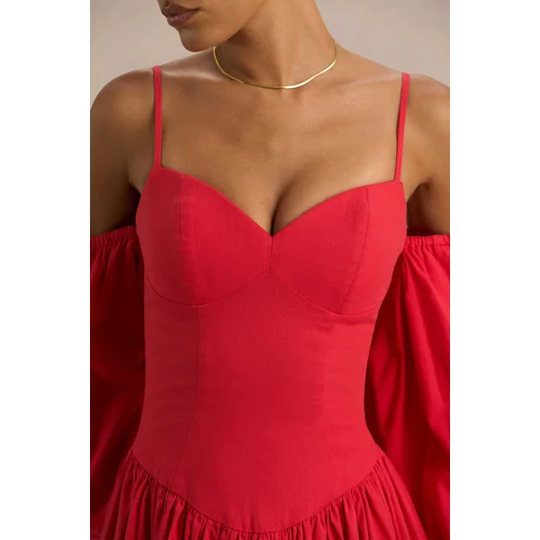 Macie | Robe Mi-Longue Rouge à Décolleté Coeur avec Manches Ballon