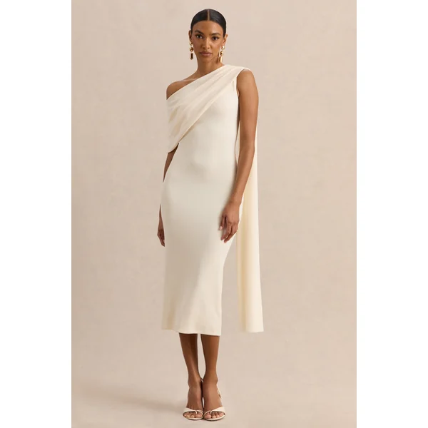 Madelisse | Robe Mi-Longue Crème à Encolure Asymétrique et Détail Écharpe