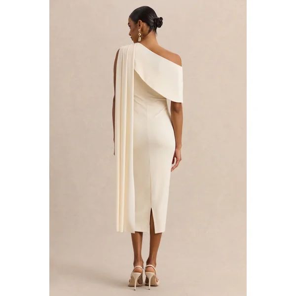 Madelisse | Robe Mi-Longue Crème à Encolure Asymétrique et Détail Écharpe
