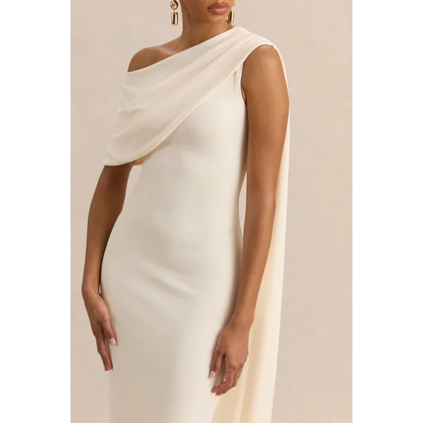 Madelisse | Robe Mi-Longue Crème à Encolure Asymétrique et Détail Écharpe