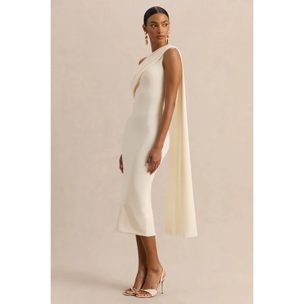 Madelisse | Robe Mi-Longue Crème à Encolure Asymétrique et Détail Écharpe