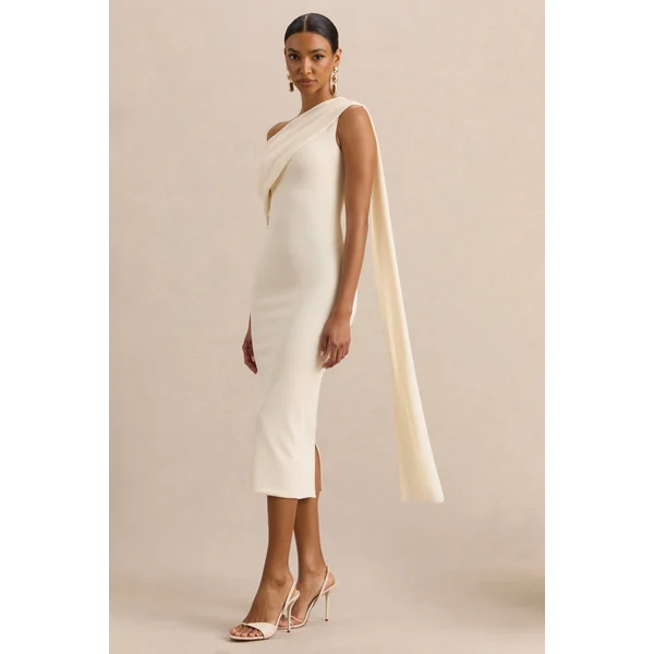 Madelisse | Robe Mi-Longue Crème à Encolure Asymétrique et Détail Écharpe