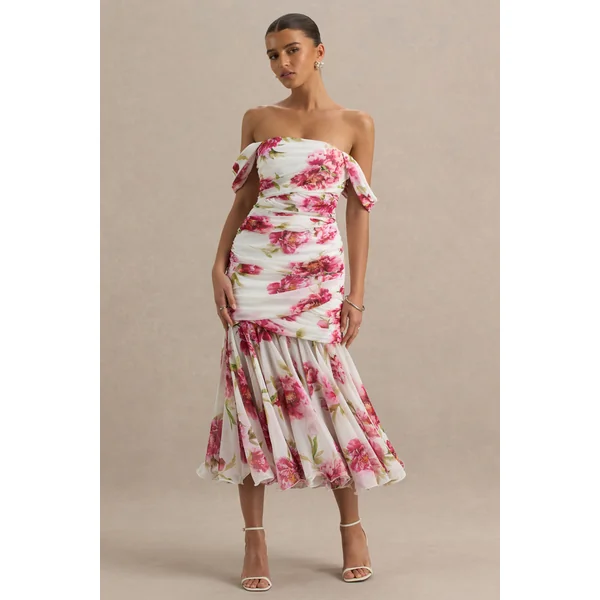Madelyn | Robe longue crème à imprimé floral avec manches courtes bardot et détails froncés