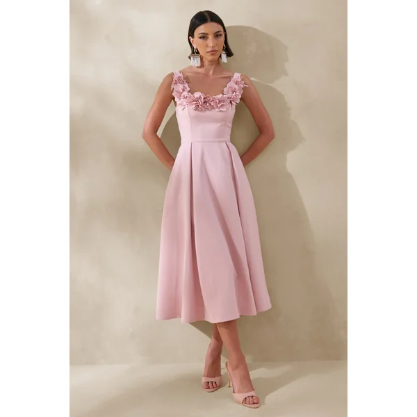 Maelle | Robe mi-longue à décolleté arrondi rose avec détails de corsage