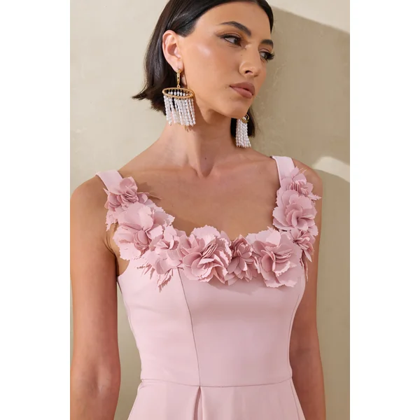 Maelle | Robe mi-longue à décolleté arrondi rose avec détails de corsage