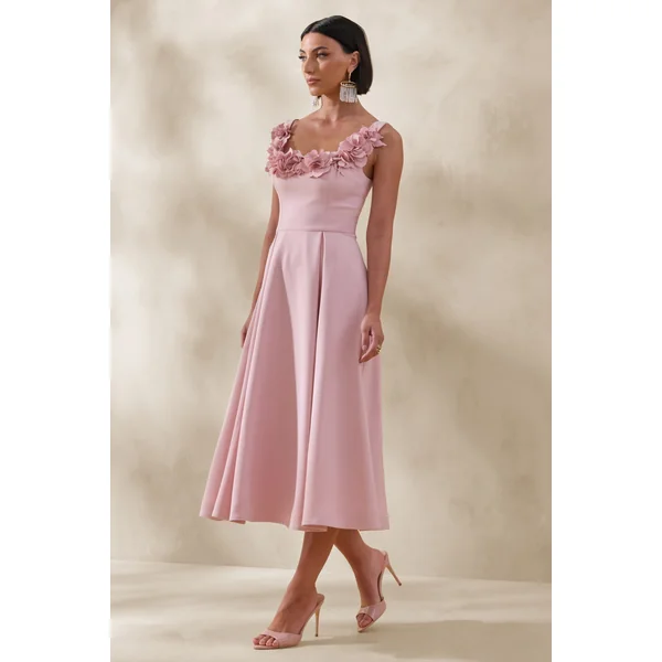 Maelle | Robe mi-longue à décolleté arrondi rose avec détails de corsage