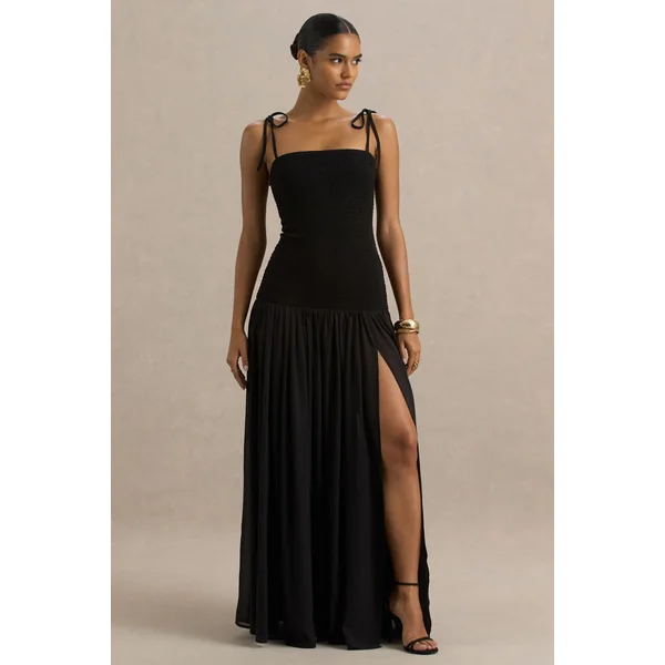 Maeva | Robe longue noire sirène à encolure carrée avec détails froncés