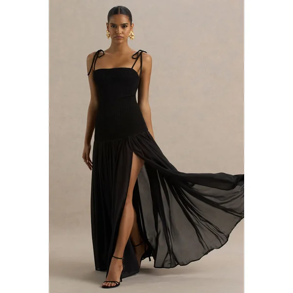 Maeva | Robe longue noire sirène à encolure carrée avec détails froncés