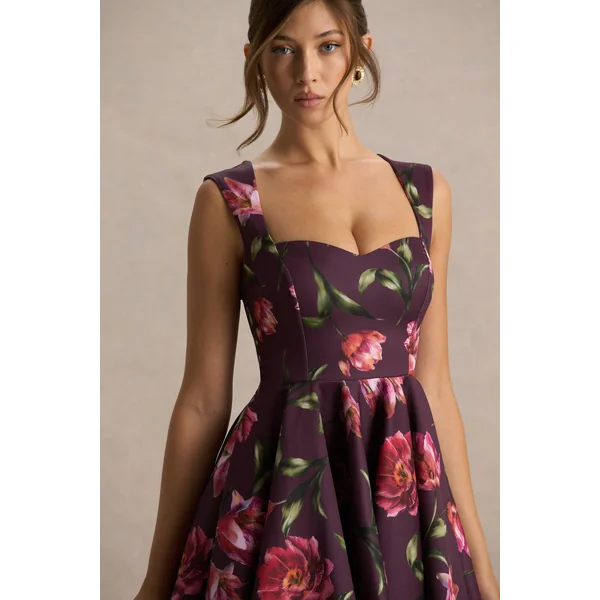 Magic | Mini-robe bordeaux à imprimé floral avec décolleté cœur
