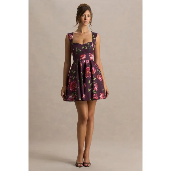 Magic | Mini-robe bordeaux à imprimé floral avec décolleté cœur