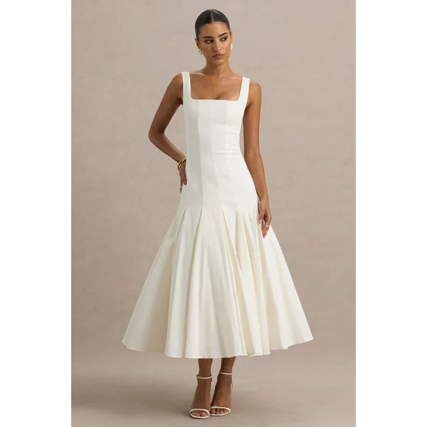 Magnolia | Robe midi blanche à décolleté arrondi taille basse et détails à volants