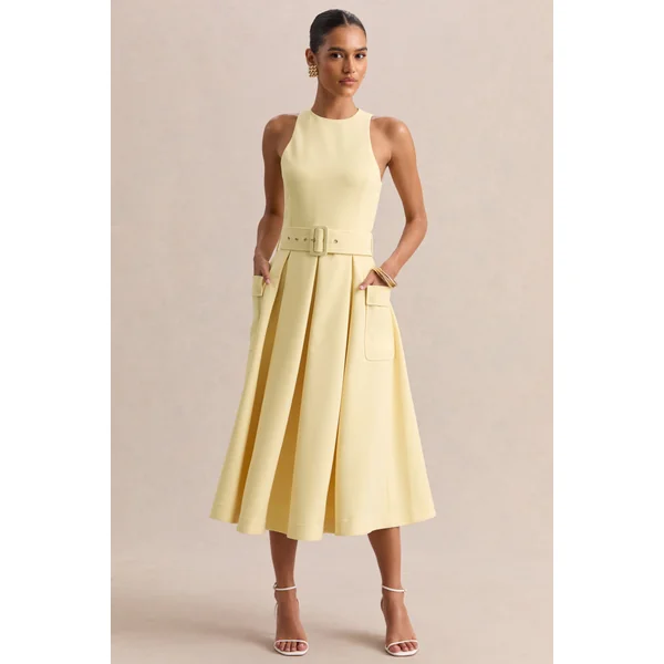 Magnora | Robe mi-longue citron à encolure ronde avec ceinture