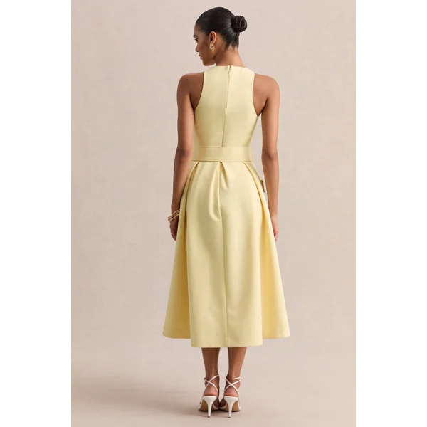 Magnora | Robe mi-longue citron à encolure ronde avec ceinture