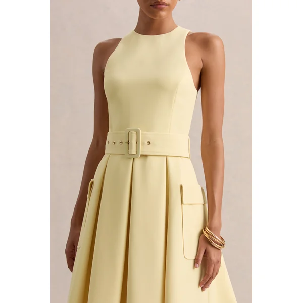 Magnora | Robe mi-longue citron à encolure ronde avec ceinture