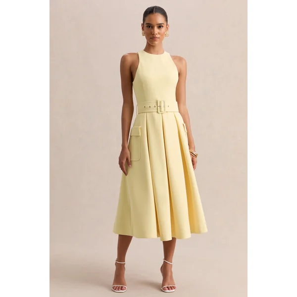Magnora | Robe mi-longue citron à encolure ronde avec ceinture