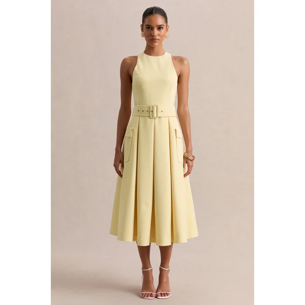 Magnora | Robe mi-longue citron à encolure ronde avec ceinture