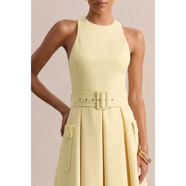 Magnora | Robe mi-longue citron à encolure ronde avec ceinture
