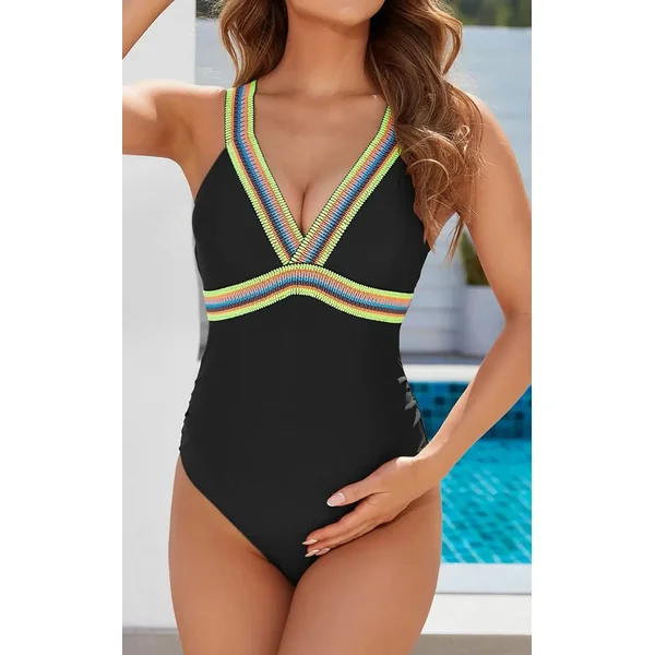 Maillot de Bain 1 Piece Grossesse Noir à Bandes Colorés