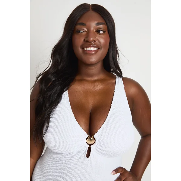 Maillot De Bain Grande Taille Plongeant À Texture Crinkle Et Ornement Coquillage