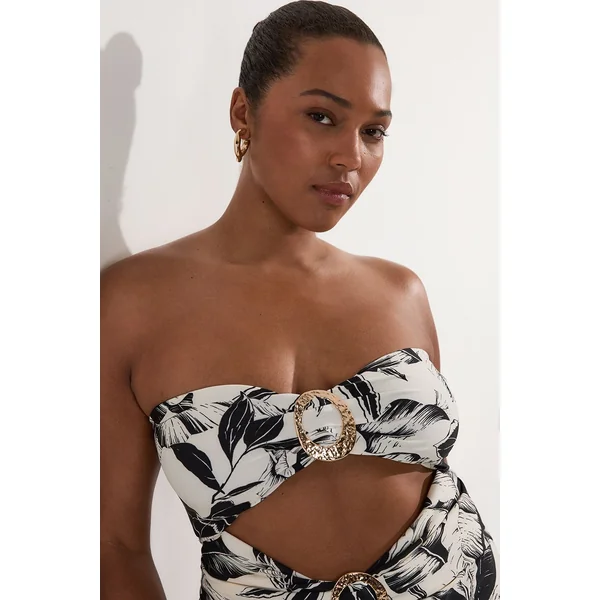 Maillot de bain grande taille échancré en tissu fluide à imprimé palmier
