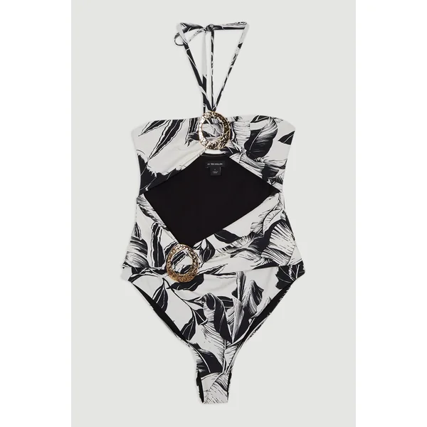 Maillot de bain moulant découpé à imprimé palmier