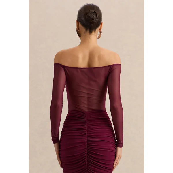 Maira | Body bordeaux en mesh à encolure Bardot