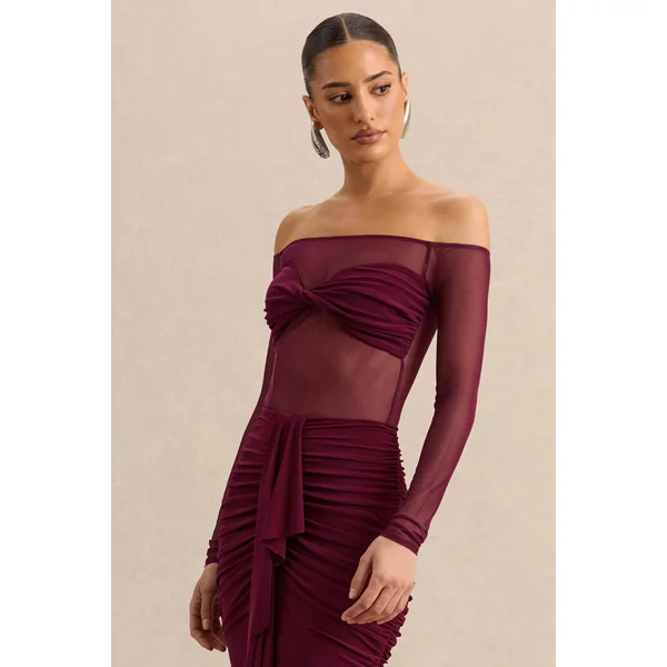 Maira | Body bordeaux en mesh à encolure Bardot