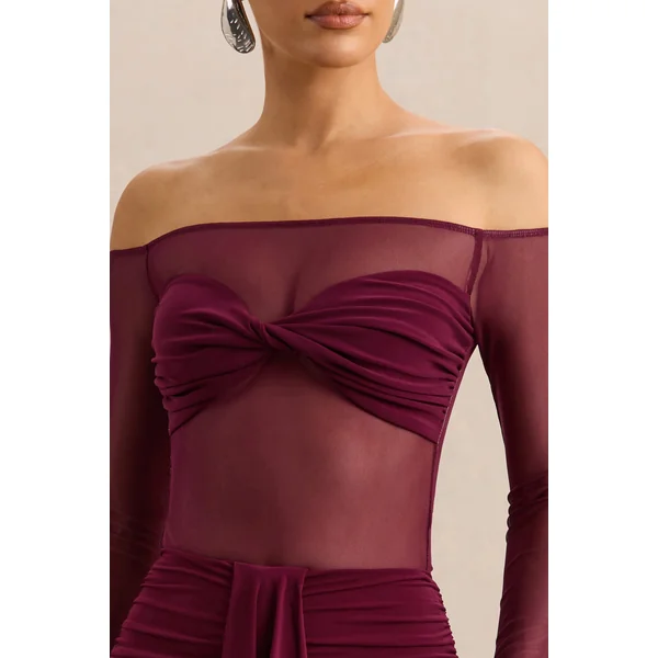 Maira | Body bordeaux en mesh à encolure Bardot