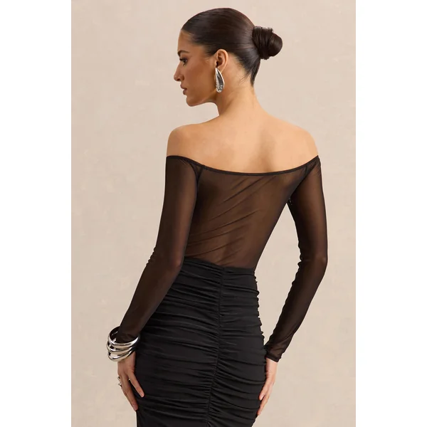 Maira | Body noir en mesh à encolure Bardot