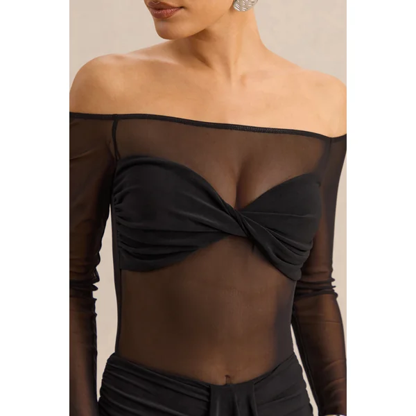 Maira | Body noir en mesh à encolure Bardot