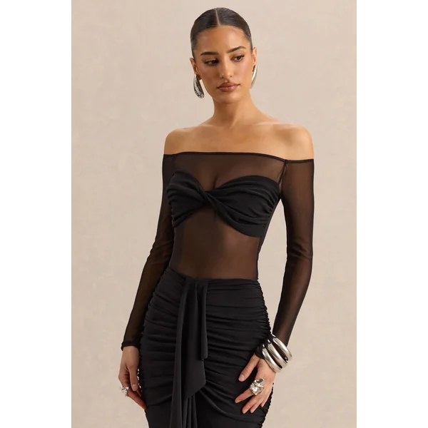 Maira | Body noir en mesh à encolure Bardot