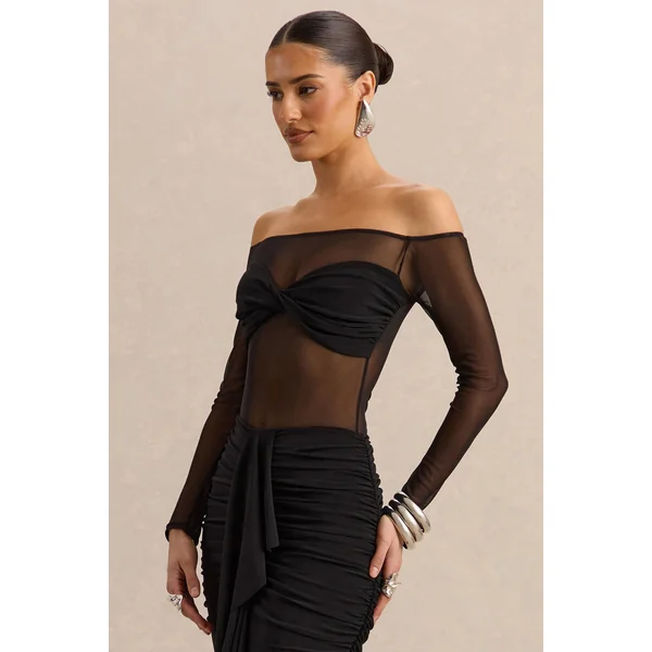 Maira | Body noir en mesh à encolure Bardot