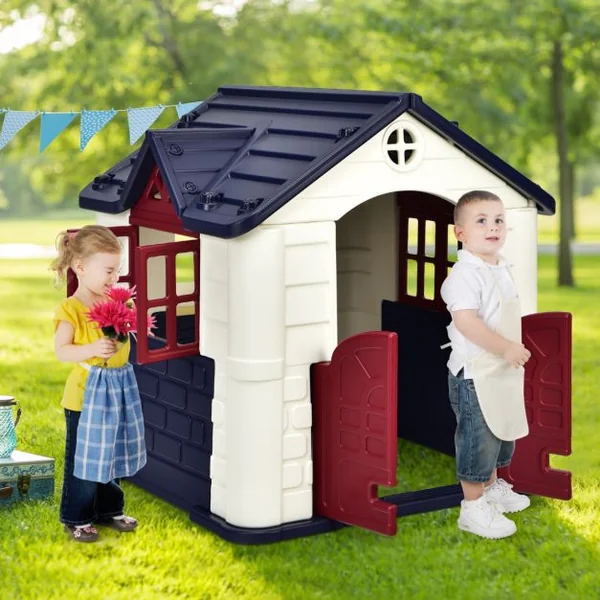 Maison Chef House -Thème Burger Bar - Table de Pique Nique Cabane de Jardin Anti-UV en Plastique 164x124x132 cm Bleu