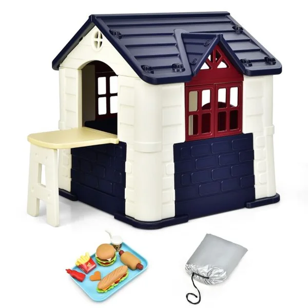 Maison Chef House -Thème Burger Bar - Table de Pique Nique Cabane de Jardin Anti-UV en Plastique 164x124x132 cm Bleu