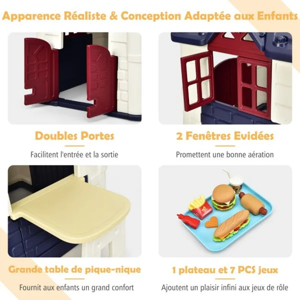 Maison Chef House -Thème Burger Bar - Table de Pique Nique Cabane de Jardin Anti-UV en Plastique 164x124x132 cm Bleu