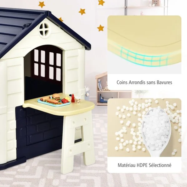 Maison Chef House -Thème Burger Bar - Table de Pique Nique Cabane de Jardin Anti-UV en Plastique 164x124x132 cm Bleu