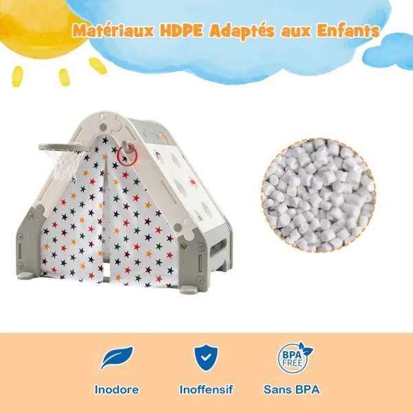Maison de Jeu / Cabane de Jardin pour Enfants 6 en 1 : Mur d'escalade Tableau Dessin Basket-ball Football Jeu d'Anneau