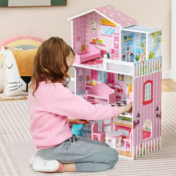 Maison de Poupée en Bois 11 Accessoires à 3 Etages 60 x 25 x 70 cm Cadeaux pour Enfants 3 Ans+ Rose