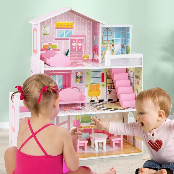 Maison de Poupée en Bois 11 Accessoires à 3 Etages 60 x 25 x 70 cm Cadeaux pour Enfants 3 Ans+ Rose
