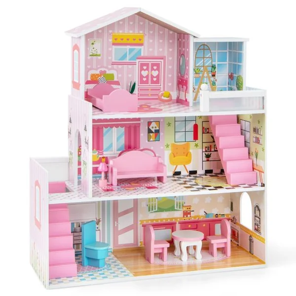 Maison de Poupée en Bois 11 Accessoires à 3 Etages 60 x 25 x 70 cm Cadeaux pour Enfants 3 Ans+ Rose