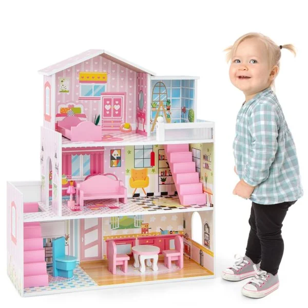 Maison de Poupée en Bois 11 Accessoires à 3 Etages 60 x 25 x 70 cm Cadeaux pour Enfants 3 Ans+ Rose