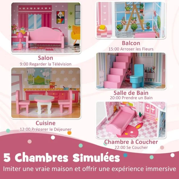 Maison de Poupée en Bois 11 Accessoires à 3 Etages 60 x 25 x 70 cm Cadeaux pour Enfants 3 Ans+ Rose