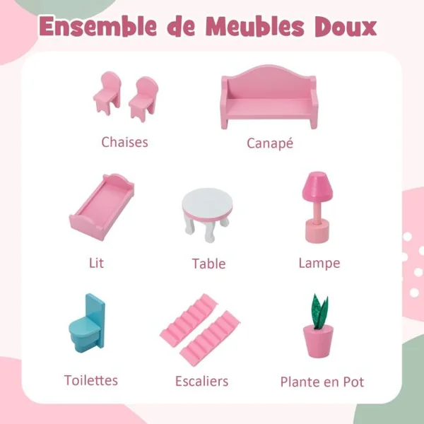 Maison de Poupée en Bois 11 Accessoires à 3 Etages 60 x 25 x 70 cm Cadeaux pour Enfants 3 Ans+ Rose