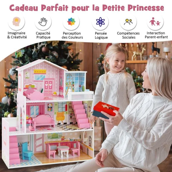 Maison de Poupée en Bois 11 Accessoires à 3 Etages 60 x 25 x 70 cm Cadeaux pour Enfants 3 Ans+ Rose