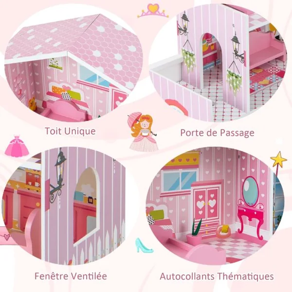 Maison de Poupée en Bois 11 Accessoires à 3 Etages 60 x 25 x 70 cm Cadeaux pour Enfants 3 Ans+ Rose