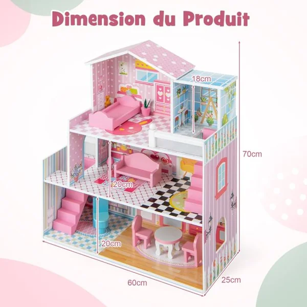 Maison de Poupée en Bois 11 Accessoires à 3 Etages 60 x 25 x 70 cm Cadeaux pour Enfants 3 Ans+ Rose